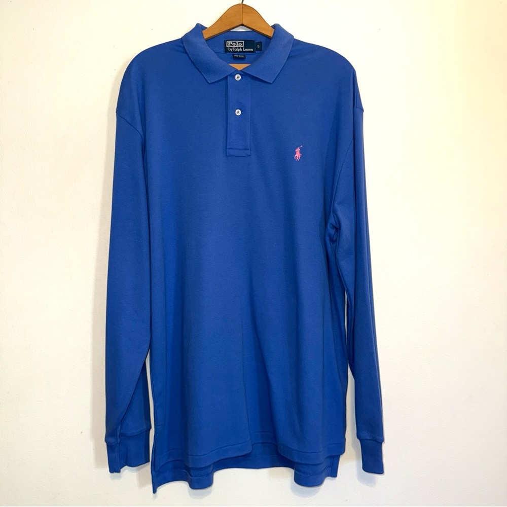 Polo Ralph Lauren Mens Blue Long Sleeve Polo Cotton Knit Shirt Size L